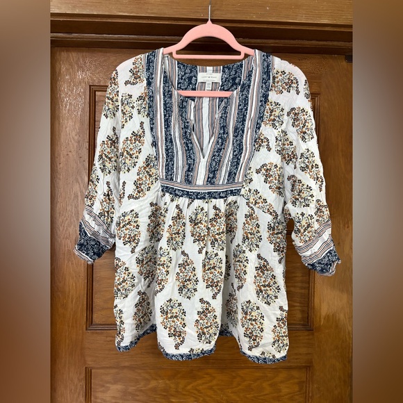 Lucky Brand Floral Bohemian‎ Blouse - White and Blue - Picture 1 of 10